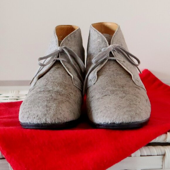 Christian Louboutin Grey Pony Hair Lace-Up Boots Designer Red Sole Ankle Booties - Picture 7 of 16